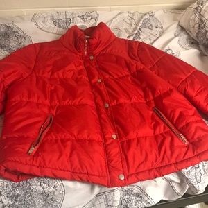 Red puffer jacket